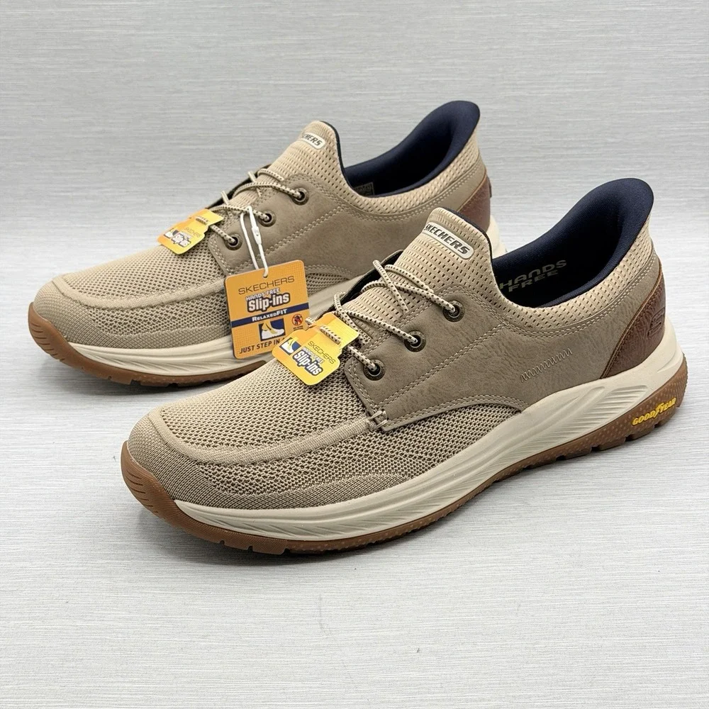 Skechers Slip Ins Men's 8 Wide Taupe Walking Shoes Relaxed Fit Goodyear Meroe
